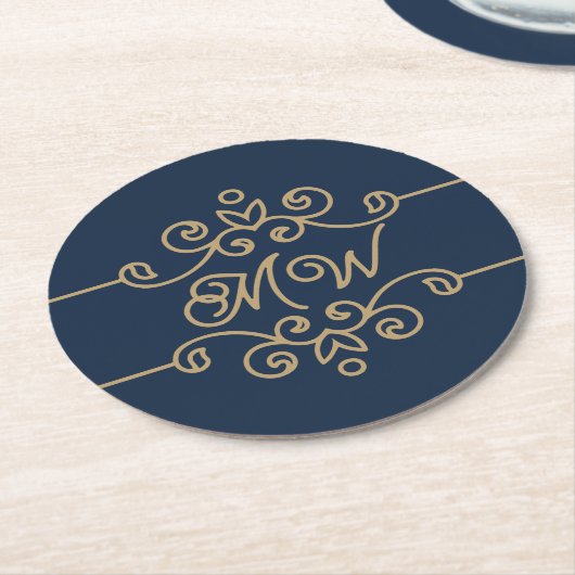  Gold & Navy Blue Elegant Flourish Monogram Ronde Kartonnen Onderzetter (Gebogen)