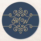  Gold & Navy Blue Elegant Flourish Monogram Ronde Kartonnen Onderzetter (Voorkant)
