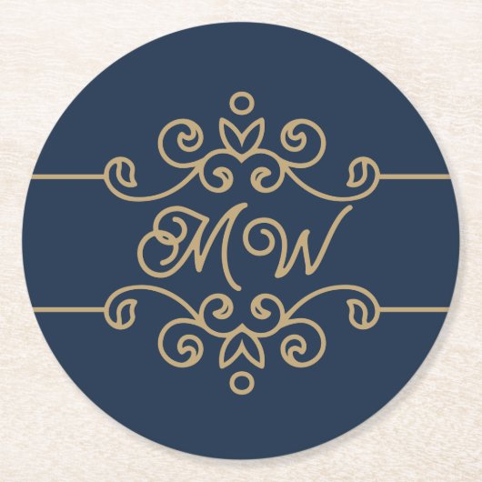 Gold & Navy Blue Elegant Flourish Monogram Ronde Kartonnen Onderzetter (Voorkant)