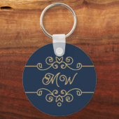  Gold & Navy Blue Elegant Flourish Monogram Sleutelhanger (Voorkant)