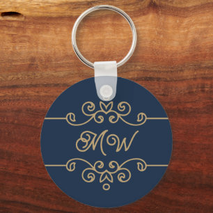  Gold & Navy Blue Elegant Flourish Monogram Sleutelhanger