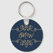  Gold & Navy Blue Elegant Flourish Monogram Sleutelhanger (Achterkant)