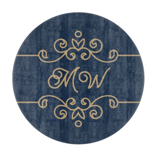  Gold & Navy Blue Elegant Flourish Monogram Snijplank (Voorkant)