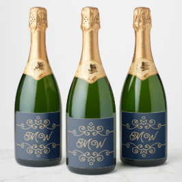  Gold & Navy Blue Elegant Flourish Monogram Sparkling Wijnetiket