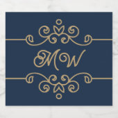  Gold & Navy Blue Elegant Flourish Monogram Sparkling Wijnetiket (Enkel label)