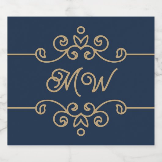  Gold & Navy Blue Elegant Flourish Monogram Sparkling Wijnetiket (Enkel label)