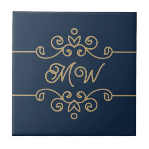  Gold & Navy Blue Elegant Flourish Monogram Tegeltje