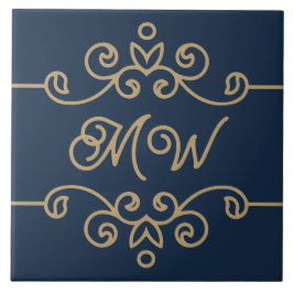  Gold & Navy Blue Elegant Flourish Monogram Tegeltje