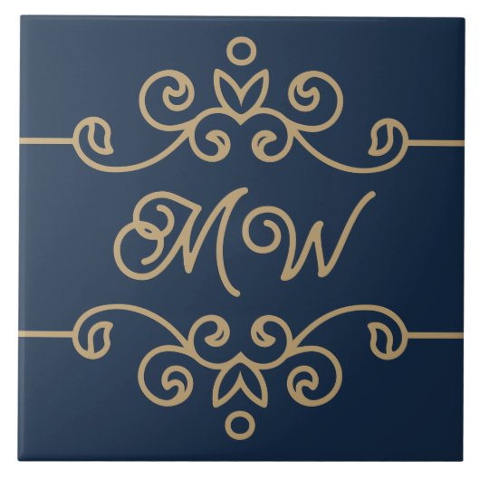  Gold & Navy Blue Elegant Flourish Monogram Tegeltje (Voorkant)