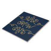  Gold & Navy Blue Elegant Flourish Monogram Tegeltje (Zijkant)