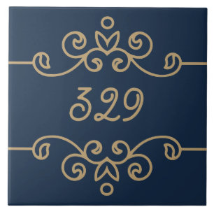  Gold & Navy Blue Elegant Flourish Monogram Tegeltje