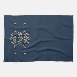  Gold & Navy Blue Elegant Flourish Monogram Theedoek