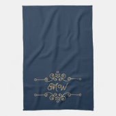 Gold & Navy Blue Elegant Flourish Monogram Theedoek (Verticaal)