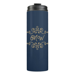  Gold & Navy Blue Elegant Flourish Monogram Thermosbeker