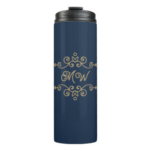  Gold & Navy Blue Elegant Flourish Monogram Thermosbeker