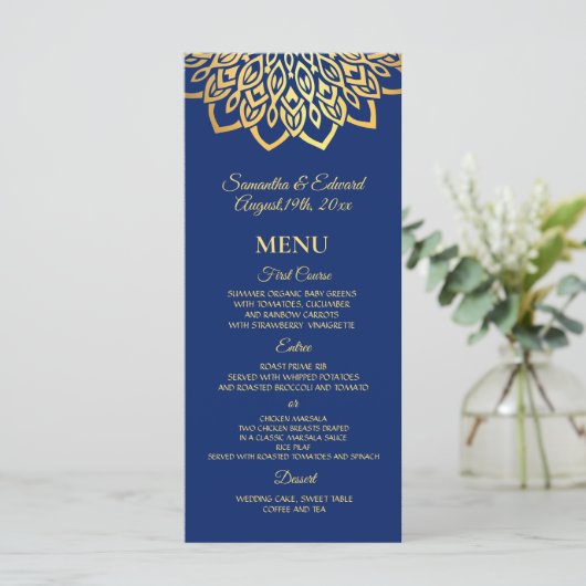 Gold Navy Blue Elegant Wedding Menu (Staand voorkant)
