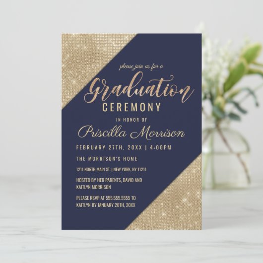 Gold Navy Blue Faux Glitter Sequin Afstuderen Kaart (Staand voorkant)