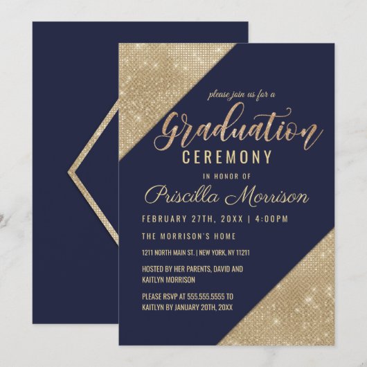 Gold Navy Blue Faux Glitter Sequin Afstuderen Kaart (Voorkant / Achterkant)
