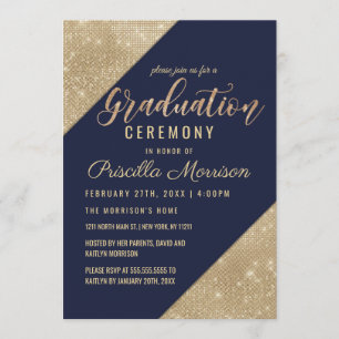 Gold Navy Blue Faux Glitter Sequin Afstuderen Kaart
