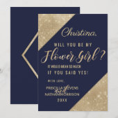 Gold Navy Blue Faux Glitter Sequin Bloemenmeisje Kaart (Voorkant / Achterkant)