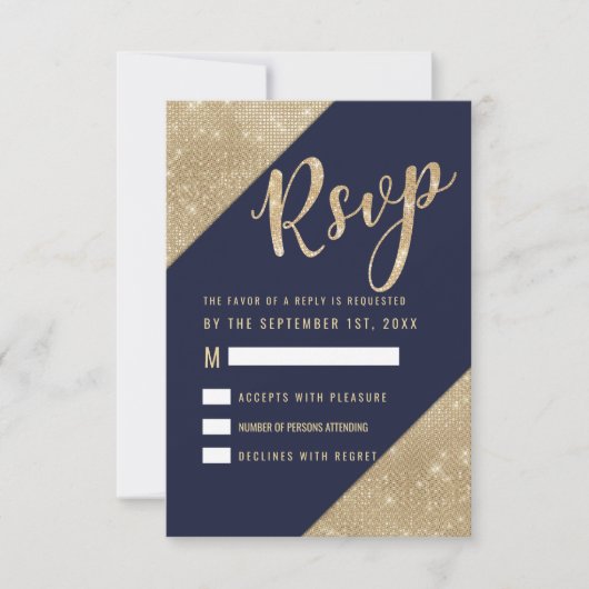 Gold Navy Blue Faux Glitter Sequin RSVP Kaart (Voorkant)