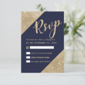 Gold Navy Blue Faux Glitter Sequin RSVP Kaart (Staand voorkant)
