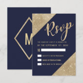 Gold Navy Blue Faux Glitter Sequin RSVP Kaart (Voorkant / Achterkant)