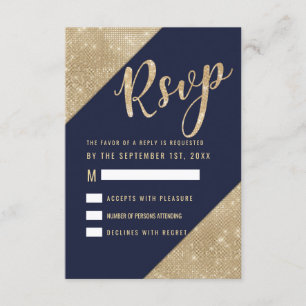 Gold Navy Blue Faux Glitter Sequin RSVP Kaart