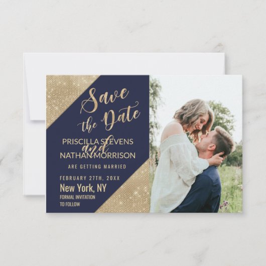 Gold Navy Blue Faux Glitter Sequin Save the Date (Voorkant)