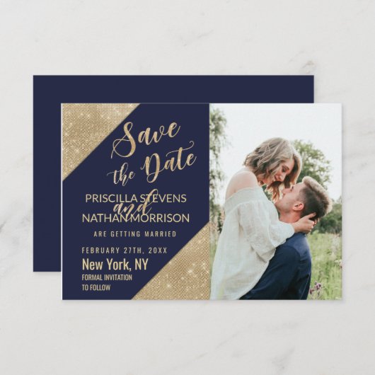 Gold Navy Blue Faux Glitter Sequin Save the Date (Voorkant / Achterkant)