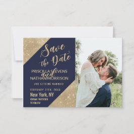 Gold Navy Blue Faux Glitter Sequin Save the Date