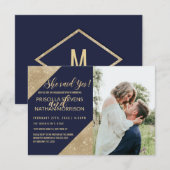 Gold Navy Blue Faux Glitter Sequin Verloving Aankondiging (Voorkant / Achterkant)
