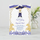 Gold Navy Blue Fiesta Boy Verjaardag Uitnodiging (Staand voorkant)