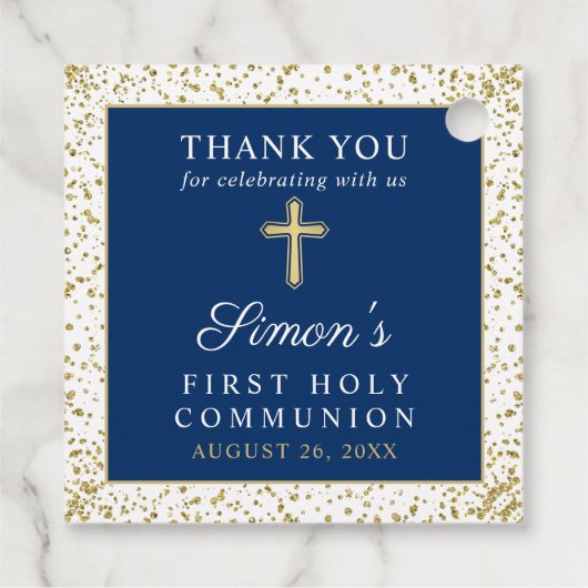 Gold Navy Blue First Heilige Communie Hartelijk da Bedankjes Labels (Achterkant)