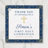 Gold Navy Blue First Heilige Communie Hartelijk da Bedankjes Labels (Voorkant)