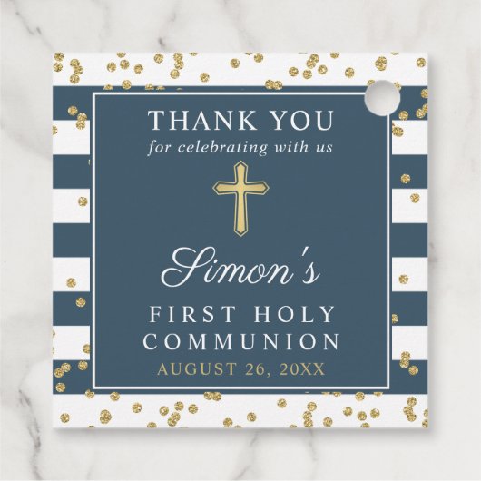 Gold Navy Blue First Heilige Communie Hartelijk da Bedankjes Labels (Achterkant)