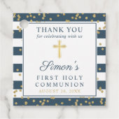 Gold Navy Blue First Heilige Communie Hartelijk da Bedankjes Labels (Voorkant)