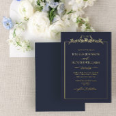 Gold Navy Blue Floral Border Monogram Weddenschap Folie Uitnodiging
