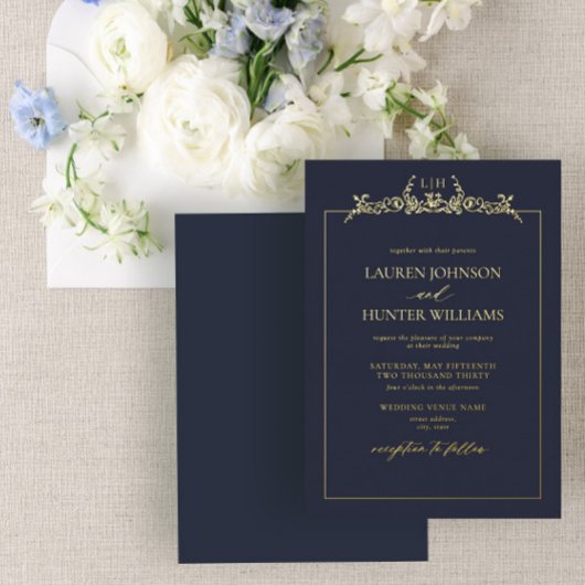 Gold Navy Blue Floral Border Monogram Weddenschap Folie Uitnodiging
