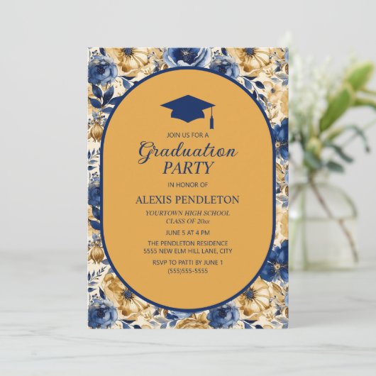 Gold Navy Blue Floral High School Afstuderen Cap Kaart (Staand voorkant)