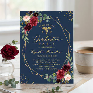 Gold Navy Blue Floral voor RN Graduates Afstuderen Kaart