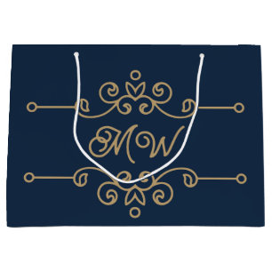 Gold & Navy Blue Flourish Monogram Luxe Groot Cadeauzakje