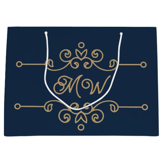 Gold & Navy Blue Flourish Monogram Luxe Groot Cadeauzakje (Voorkant)