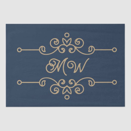  Gold & Navy Blue Flourish Monogram Luxe Tissuepapier (Voorkant)