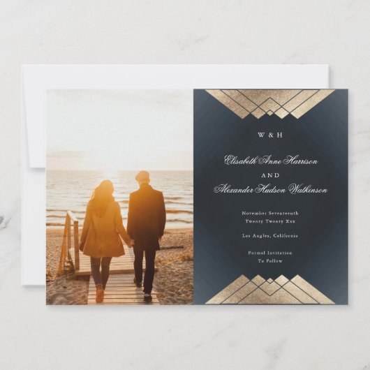 Gold Navy Blue Geometric Gatsby Folie behalve datu Aankondiging (Achterkant)