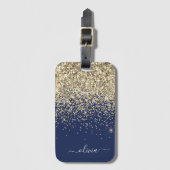 Gold Navy Blue Girly Glitter Sparkle Monogram Naam Bagagelabel (Voorkant (verticaal))