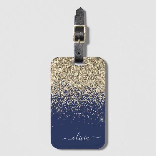 Gold Navy Blue Girly Glitter Sparkle Monogram Naam Bagagelabel (Voorkant (verticaal))