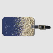 Gold Navy Blue Girly Glitter Sparkle Monogram Naam Bagagelabel (Voorkant (horizontaal))