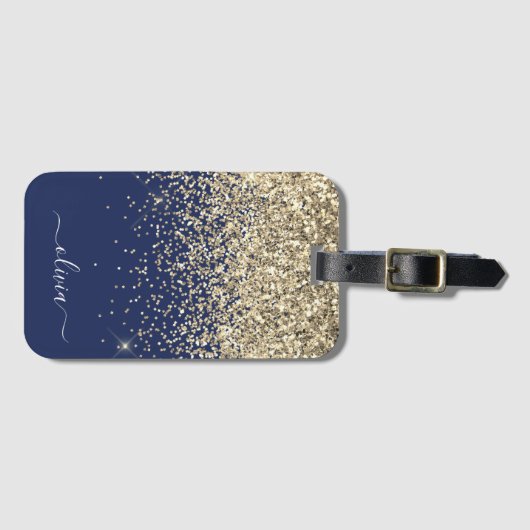 Gold Navy Blue Girly Glitter Sparkle Monogram Naam Bagagelabel (Voorkant (horizontaal))