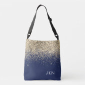 Gold Navy Blue Girly Glitter Sparkle Monogram Naam Crossbody Tas (Achterkant)